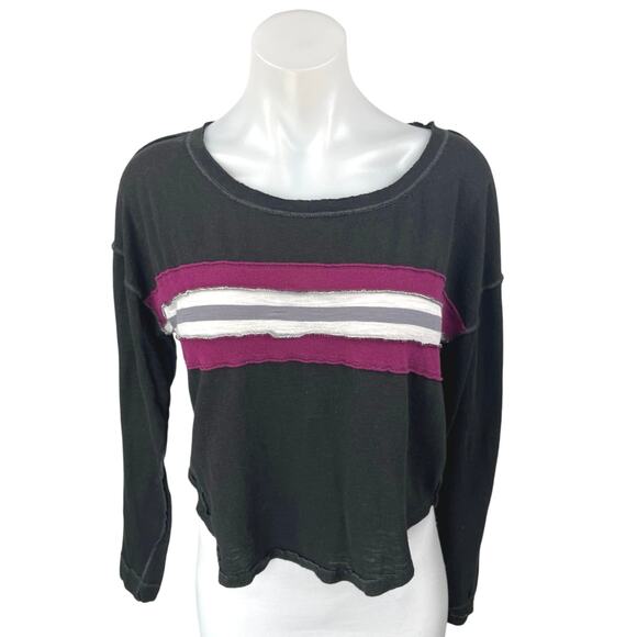 Free People Black Multicolor Striped Knit Long Sleeve Pullover Tee T-Shirt Top S - Picture 1 of 5